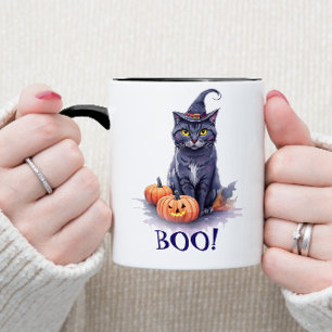 Halloween watercolor black cat with pumpkin mug