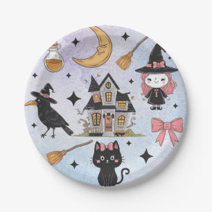 Halloween Watercolor Crow Witch Cat Moon Pattern Paper Plate