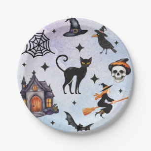 Halloween Watercolor Crow Witch Cat Skull Pattern Paper Plate