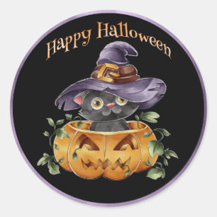Halloween - Watercolor Cute Kitting in Pumpkin Classic Round Sticker