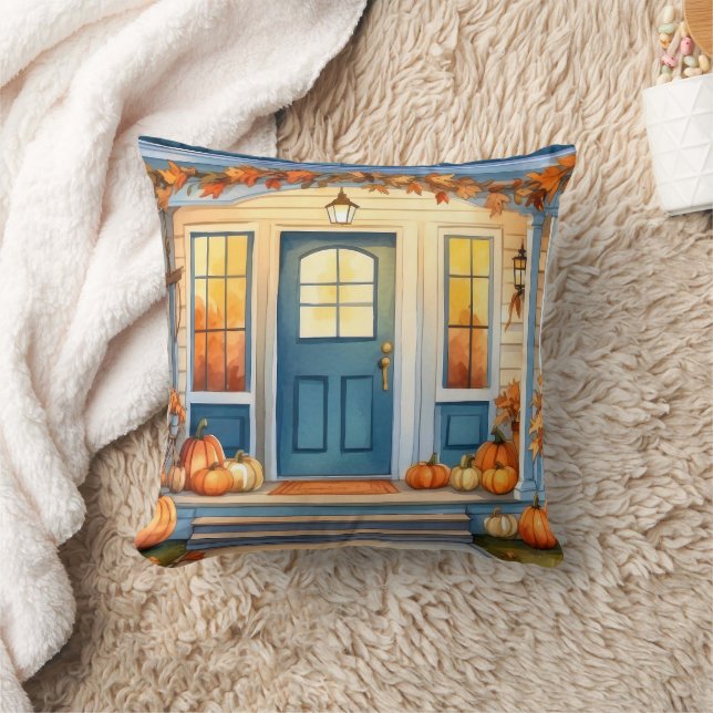 Halloween Watercolor Fall Pumpkin Leaves Cushion (Blanket)