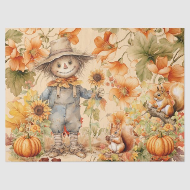 Halloween Watercolor Foliage & Scarecrow Decoupage Tissue Paper (Front)