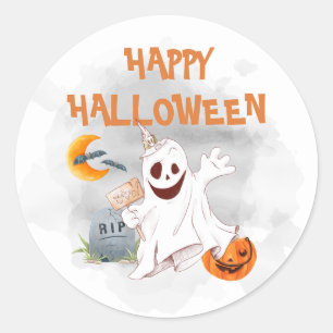 Halloween Watercolor Ghost Classic Round Sticker