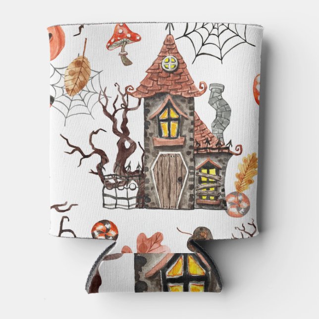Halloween Watercolor: Haunted House Pattern. Can Cooler (Front)