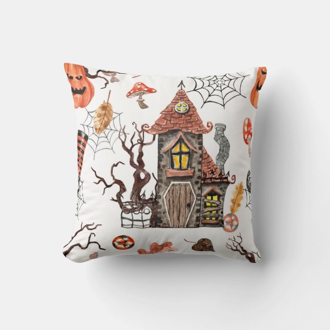Halloween Watercolor: Haunted House Pattern. Cushion (Front)