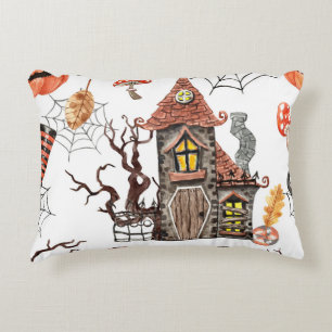 Halloween Watercolor: Haunted House Pattern. Decorative Cushion