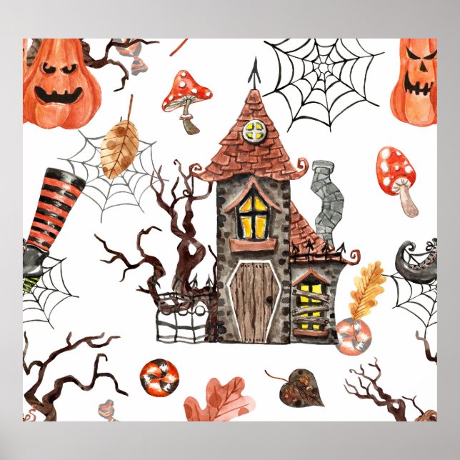 Halloween Watercolor: Haunted House Pattern. Poster (Front)