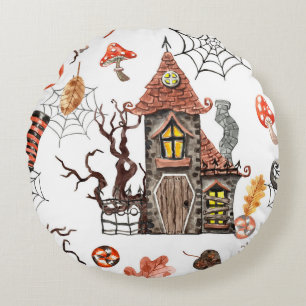 Halloween Watercolor: Haunted House Pattern. Round Cushion