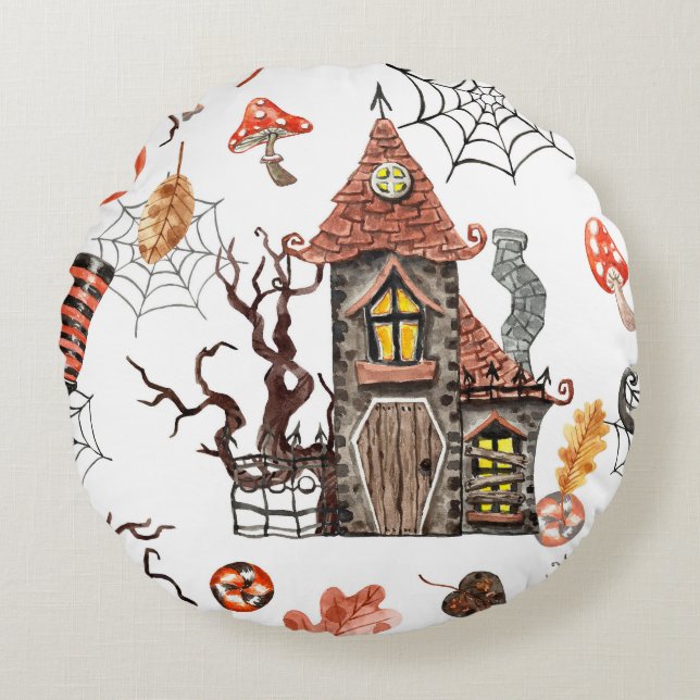 Halloween Watercolor: Haunted House Pattern. Round Cushion (Front)