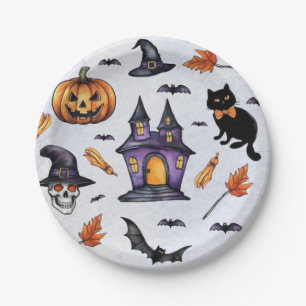 Halloween Watercolor pumpkin skull bat cat Pattern Paper Plate