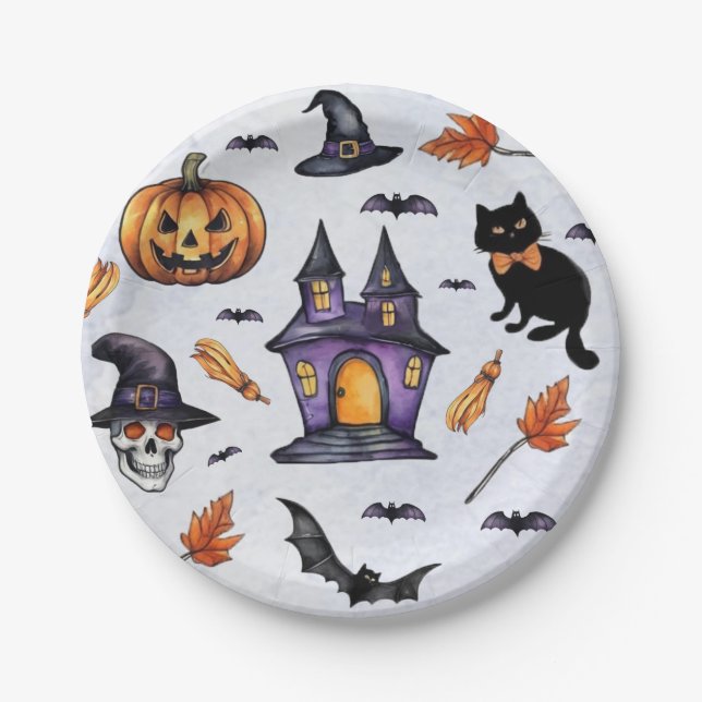 Halloween Watercolor pumpkin skull bat cat Pattern Paper Plate (Front)