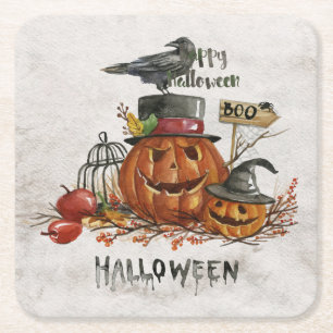 Halloween Watercolor Scary Pumpkins Square Paper Coaster