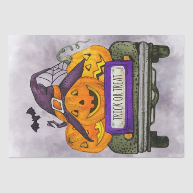 Halloween Watercolor Truck Pumpkins Tissue Paper (Front)