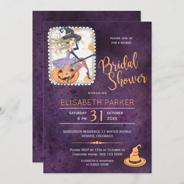 Halloween watercolor witch bridal shower party invitation (Front/Back)