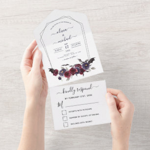 Halloween Wedding Autumn Fall Dark Burgundy Black All In One Invitation