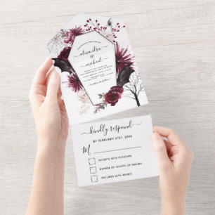 Halloween Wedding Autumn Fall Dark Burgundy Black All In One Invitation