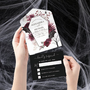 Halloween Wedding Autumn Fall Dark Burgundy Black All In One Invitation