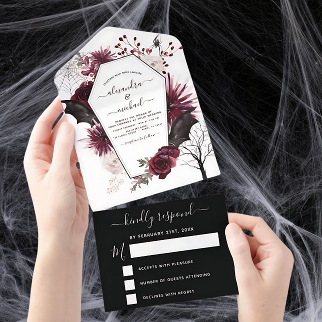 Halloween Wedding Autumn Fall Dark Burgundy Black All In One Invitation (Creator Uploaded)