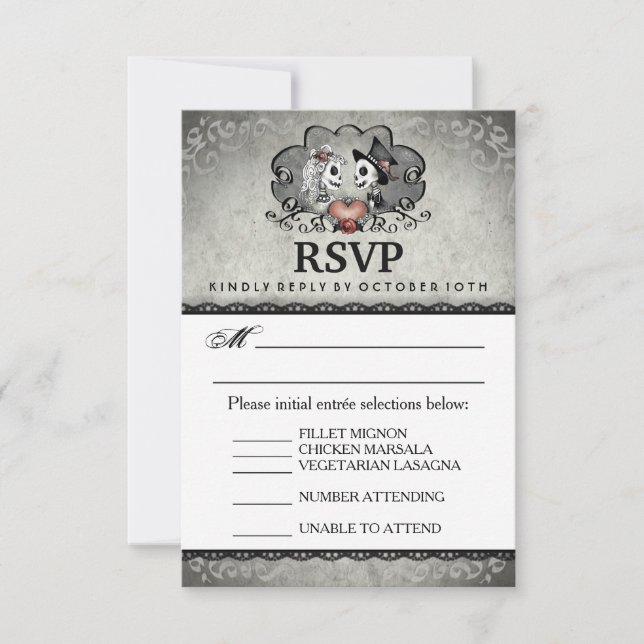 Halloween Wedding Black Grey Matching Menu RSVP (Front)