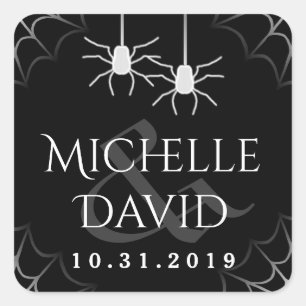 Halloween Wedding Black White Spiders Square Label