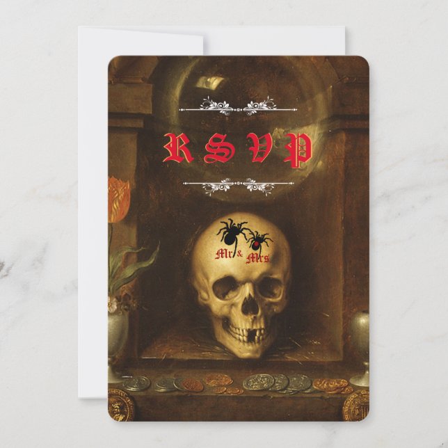 Halloween Wedding Goth, Skull, Spiders RSVP cards (Front)