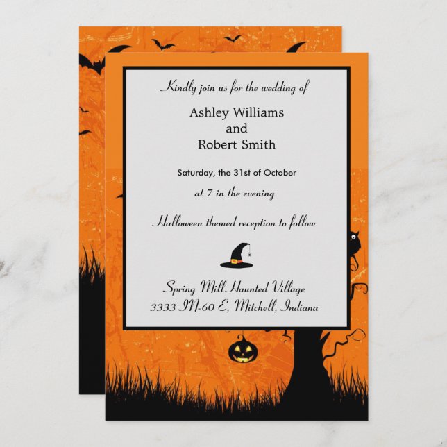 Halloween Wedding Invitation Flat Card Pumpkin (Front/Back)