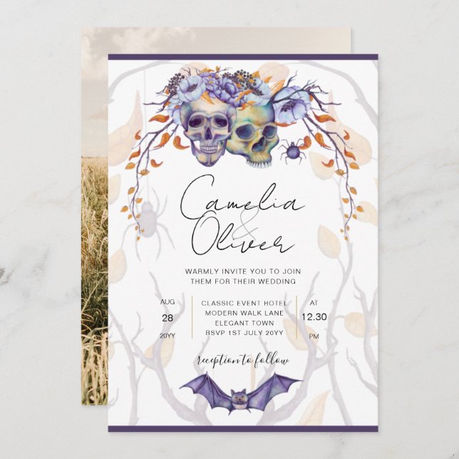 Halloween Wedding Invitation Gothic Skulls Purple (Front/Back)