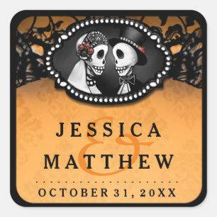 Halloween Wedding Orange Black Skeletons Thank You Square Sticker