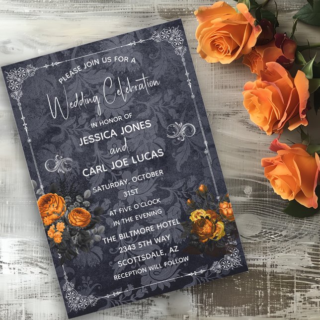 Halloween Wedding Orange Rose Floral Ornate Invitation (Creator Uploaded)