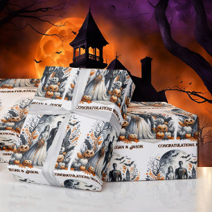Halloween Wedding Personalize Names Bride & Groom Wrapping Paper