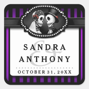 Halloween Wedding Purple Black Striped Skeletons Square Sticker