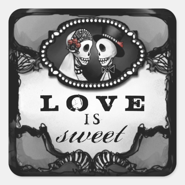 Halloween Wedding Skeletons Love is Sweet Square Sticker (Front)