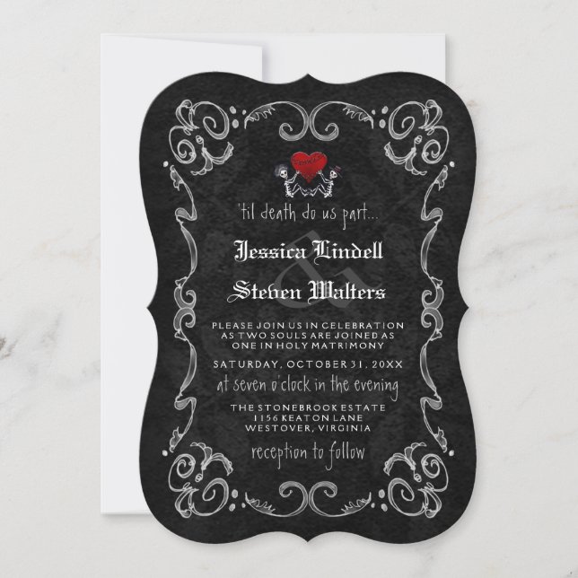 Halloween Wedding "TIL DEATH" Skeletons & Heart Invitation (Front)