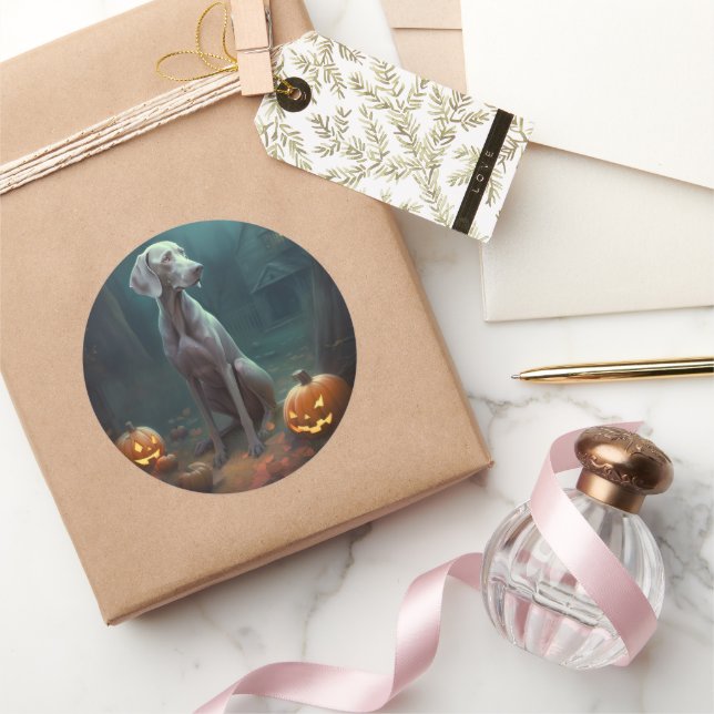 Halloween Weimaraner With Pumpkins Scary Classic Round Sticker (Gifting)