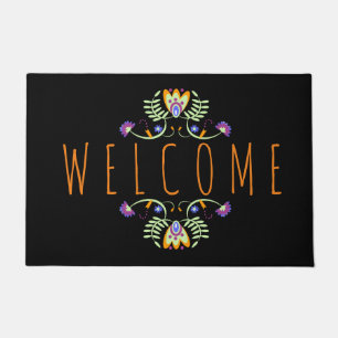 Halloween Welcome Folk Flowers Orange Purple Doormat