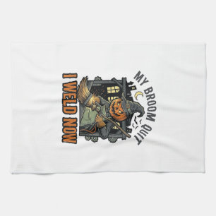 Halloween Welder Shirt Funny Witch Broom Design_1 Tea Towel