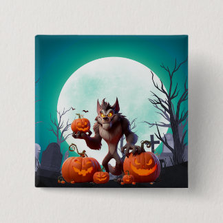 Halloween werewolf and pumpkins 15 cm square badge