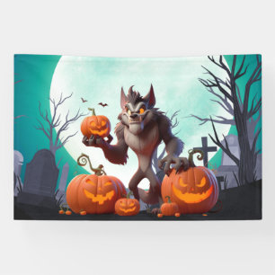 Halloween werewolf and pumpkins banner
