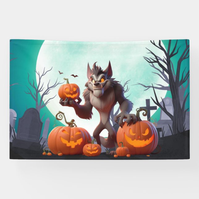 Halloween werewolf and pumpkins banner (Horizontal)