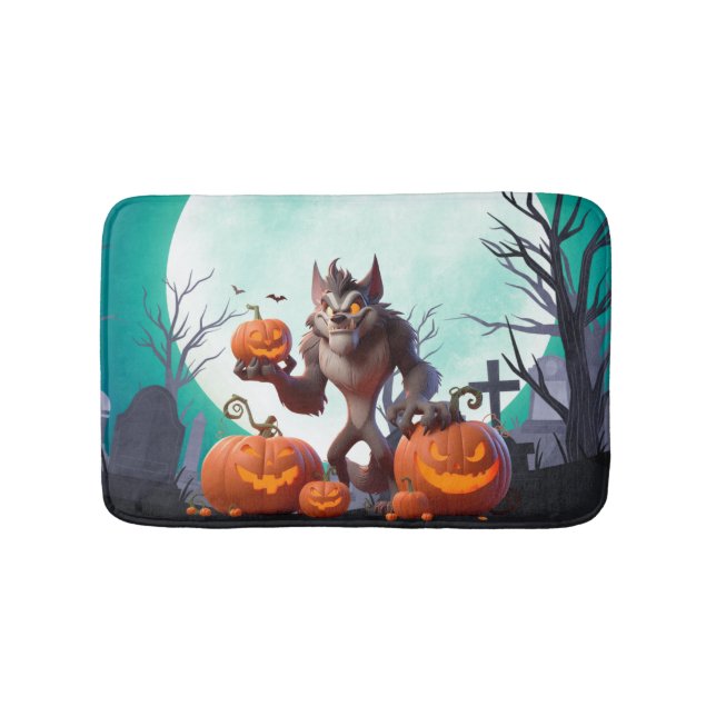 Halloween werewolf and pumpkins bath mat (Front)