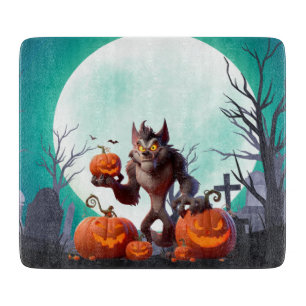 Halloween werewolf and pumpkins cutting board