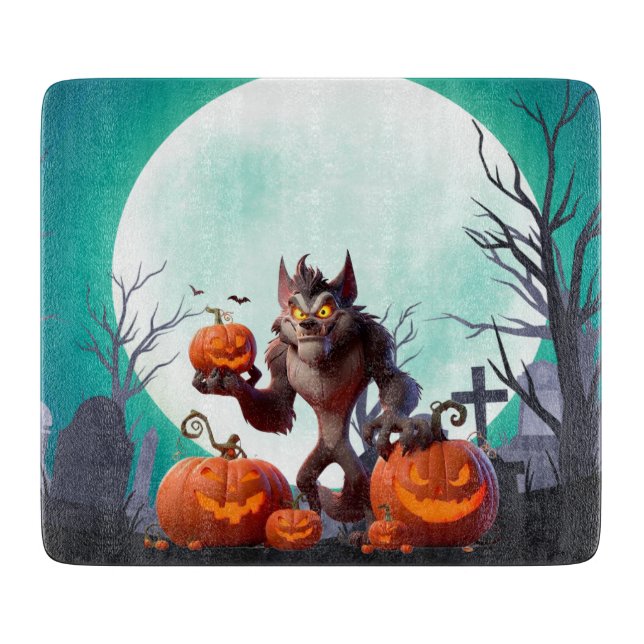 Halloween werewolf and pumpkins cutting board (Front)