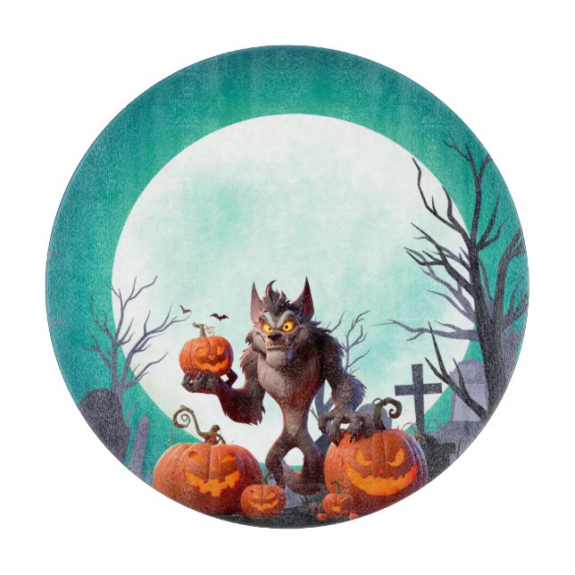 Halloween werewolf and pumpkins cutting board (Front)