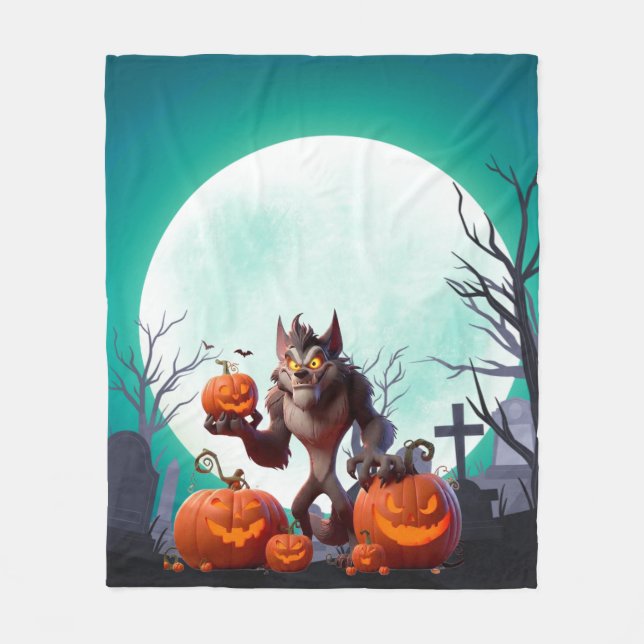Halloween werewolf and pumpkins fleece blanket (Front)