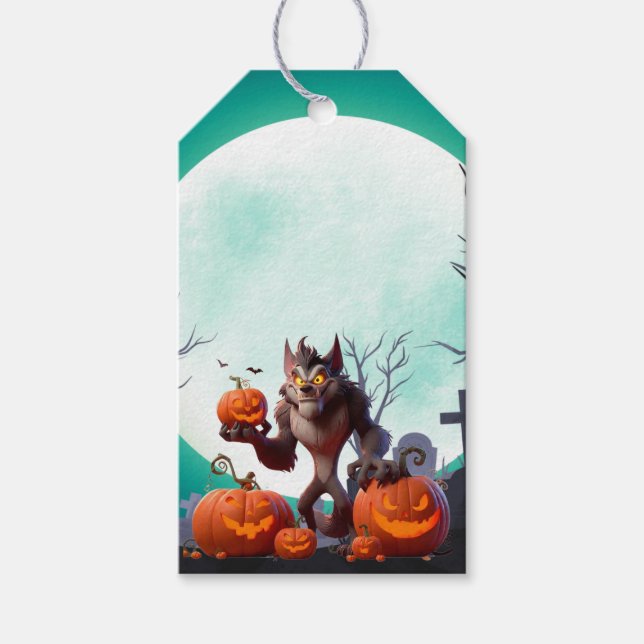Halloween werewolf and pumpkins gift tags (Front)