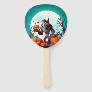 Halloween werewolf and pumpkins hand fan