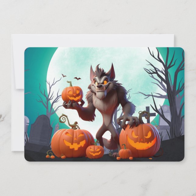 Halloween werewolf and pumpkins invitation (Front)