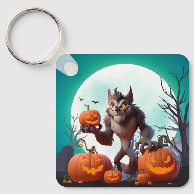 Halloween werewolf and pumpkins key ring (Front)