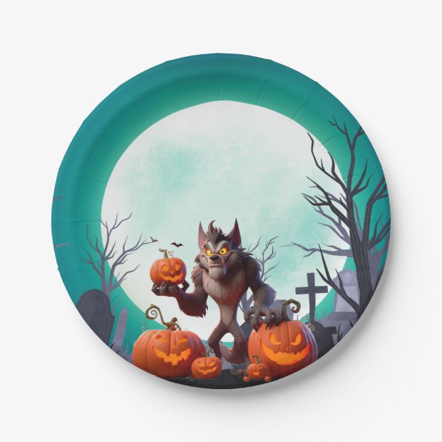 Halloween werewolf and pumpkins paper plate (Front)