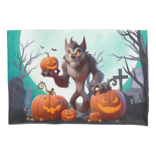 Halloween werewolf and pumpkins pillowcase